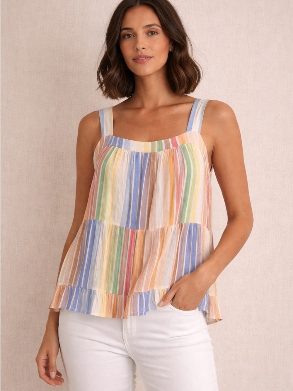 Rainbow Cotton Gauzy Tank Top Festival Boho Summer Tiered Ruffle Pockets Large
